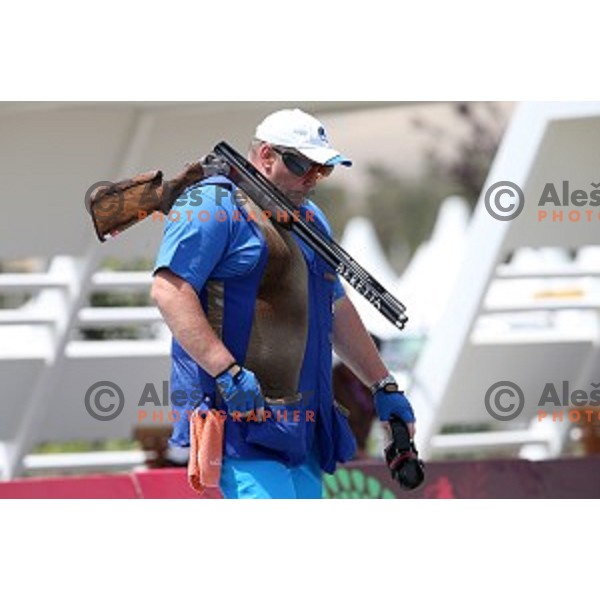 Bostjan Macek shots during qualification of Men\'s Trap in Baku Shooting centre during Baku 2015 First European Games, Azerbaijan on June 16, 2015
