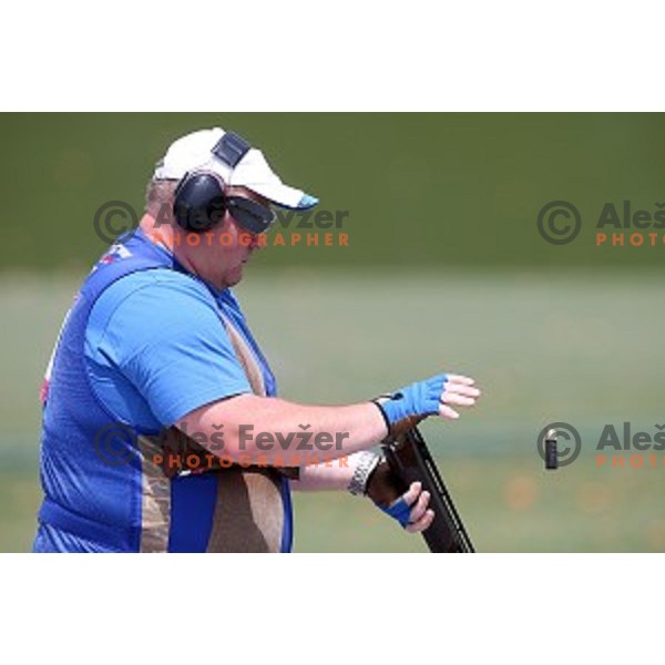 Bostjan Macek shots during qualification of Men\'s Trap in Baku Shooting centre during Baku 2015 First European Games, Azerbaijan on June 16, 2015