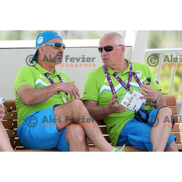 Ziga Dobnikar and Nikolaj Mejas during qualification of Men\'s Trap in Baku Shooting centre during Baku 2015 First European Games, Azerbaijan on June 16, 2015
