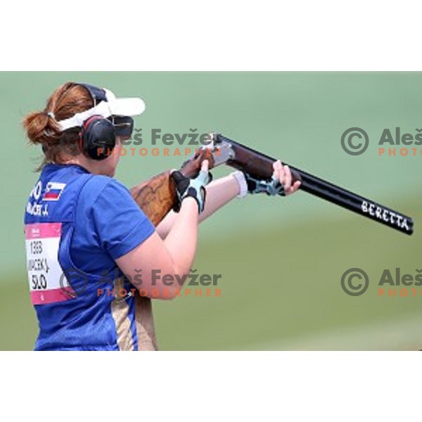 Jasmina Macek shots during qualification of women\'s Trap in Baku Shooting centre during Baku 2015 First European Games, Azerbaijan on June 16, 2015