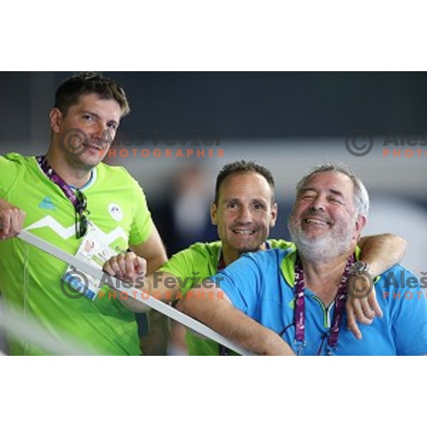 Edi Kolar, Tomaz Barada and Brane Dmitrovic at table tournament in Baku Sports Hall during Baku 2015 First European Games, Azerbaijan on June 16, 2015