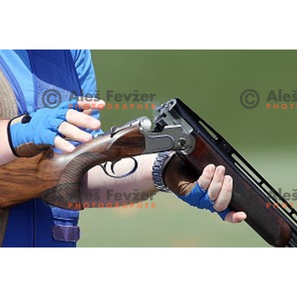Bostjan Macek shots in qualification of Mixed team Trap event at Baku Shooting Centre during First European Games Baku 2015, Azerbaijan on June 18, 2015