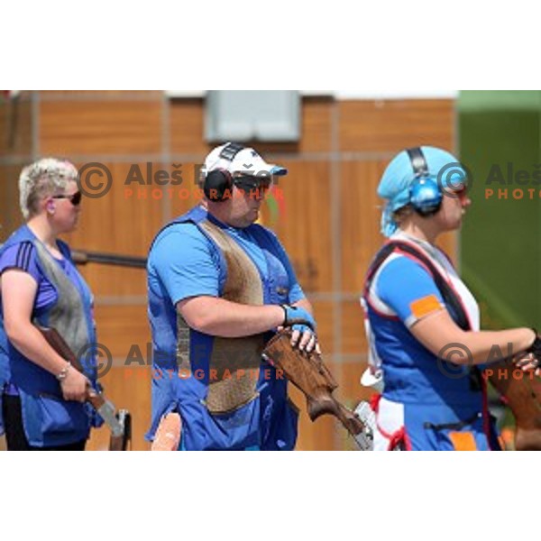 Bostjan Macek shots in qualification of Mixed team Trap event at Baku Shooting Centre during First European Games Baku 2015, Azerbaijan on June 18, 2015