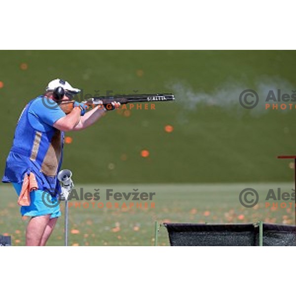 Bostjan Macek shots in qualification of Mixed team Trap event at Baku Shooting Centre during First European Games Baku 2015, Azerbaijan on June 18, 2015