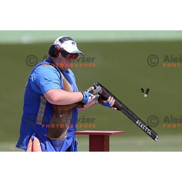 Bostjan Macek shots in qualification of Mixed team Trap event at Baku Shooting Centre during First European Games Baku 2015, Azerbaijan on June 18, 2015