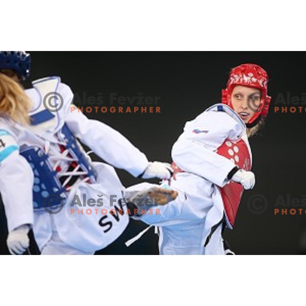 Franka Anic of Slovenia fights in second round of Taekwondo tournament in Crystal Hall during First European Games Baku 2015, Azerbaijan on June 18, 2015