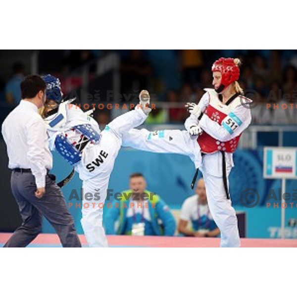 Franka Anic of Slovenia fights in second round of Taekwondo tournament in Crystal Hall during First European Games Baku 2015, Azerbaijan on June 18, 2015