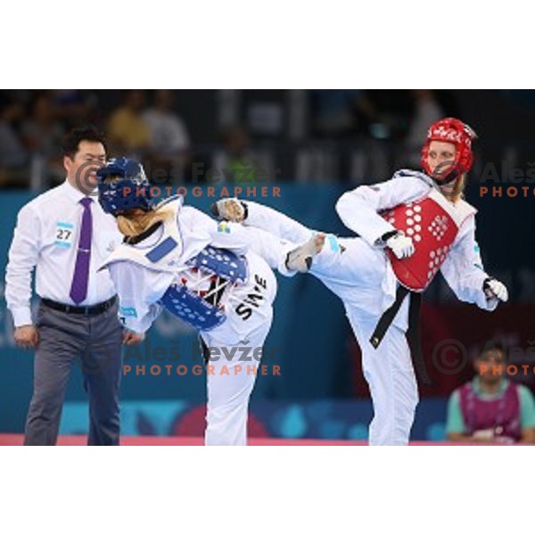 Franka Anic of Slovenia fights in second round of Taekwondo tournament in Crystal Hall during First European Games Baku 2015, Azerbaijan on June 18, 2015