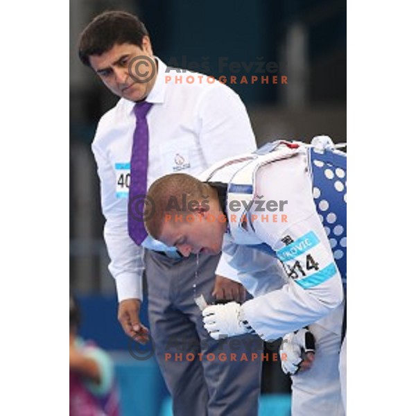 Ivan Trajkovic of Slovenia fights in first round of Taekwondo Men +80 kg in Crystal Hall during Baku 2015 First European Games, Azerbaijan on June 19, 2015