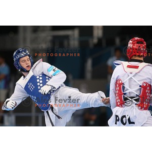 Ivan Trajkovic of Slovenia fights in first round of Taekwondo Men +80 kg in Crystal Hall during Baku 2015 First European Games, Azerbaijan on June 19, 2015