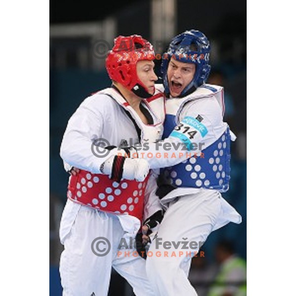 Ivan Trajkovic of Slovenia fights in first round of Taekwondo Men +80 kg in Crystal Hall during Baku 2015 First European Games, Azerbaijan on June 19, 2015