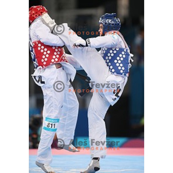 Ivan Trajkovic of Slovenia fights in first round of Taekwondo Men +80 kg in Crystal Hall during Baku 2015 First European Games, Azerbaijan on June 19, 2015