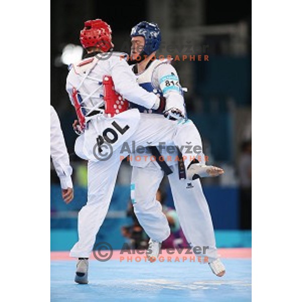 Ivan Trajkovic of Slovenia fights in first round of Taekwondo Men +80 kg in Crystal Hall during Baku 2015 First European Games, Azerbaijan on June 19, 2015
