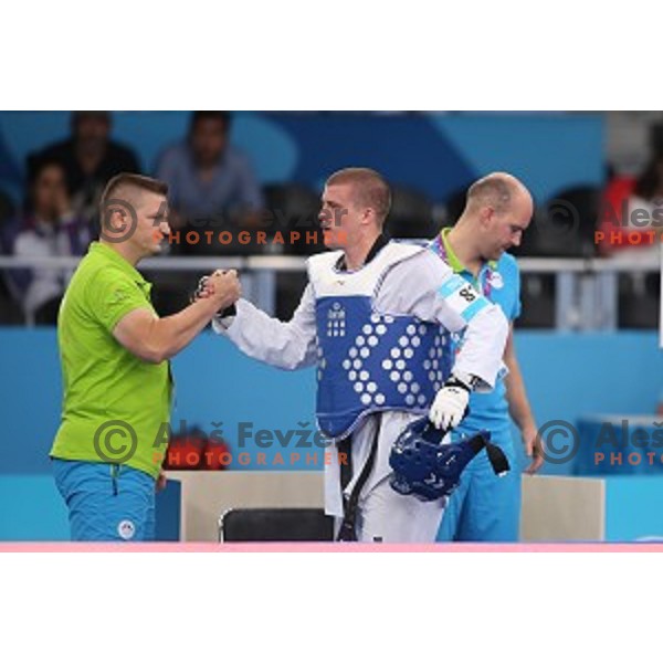 Ivan Trajkovic of Slovenia fights in first round of Taekwondo Men +80 kg in Crystal Hall during Baku 2015 First European Games, Azerbaijan on June 19, 2015