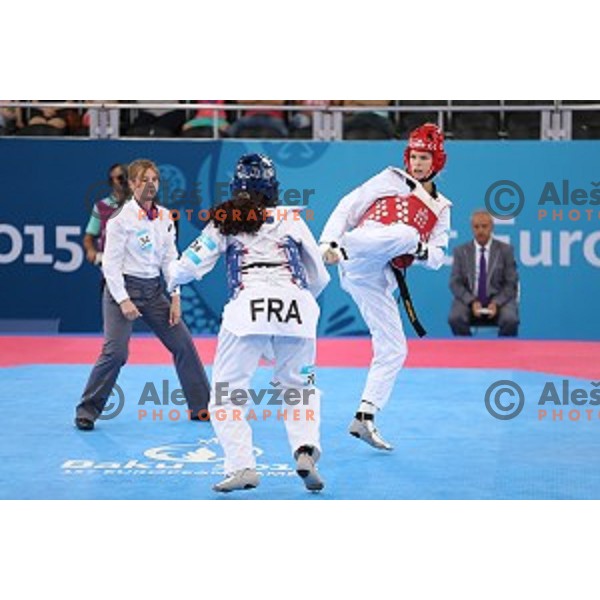 Nusa Rajher of Slovenia fights in first round of Taekwondo Women +67 kg in Crystal Hall during Baku 2015 First European Games, Azerbaijan on June 19, 2015