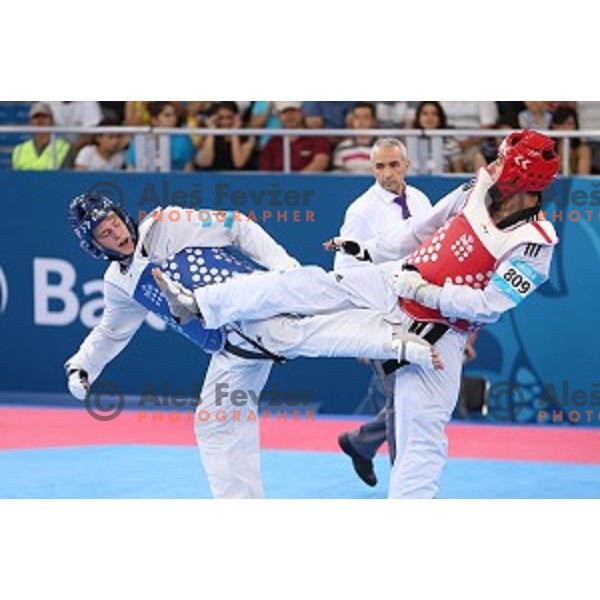 Ivan Trajkovic of Slovenia fights in quarter-final of Taekwondo Men +80 kg in Crystal Hall during Baku 2015 First European Games, Azerbaijan on June 19, 2015