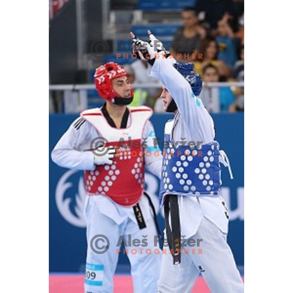 Ivan Trajkovic of Slovenia fights in quarter-final of Taekwondo Men +80 kg in Crystal Hall during Baku 2015 First European Games, Azerbaijan on June 19, 2015