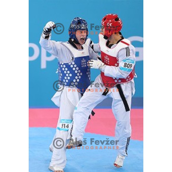 Ivan Trajkovic of Slovenia fights in quarter-final of Taekwondo Men +80 kg in Crystal Hall during Baku 2015 First European Games, Azerbaijan on June 19, 2015