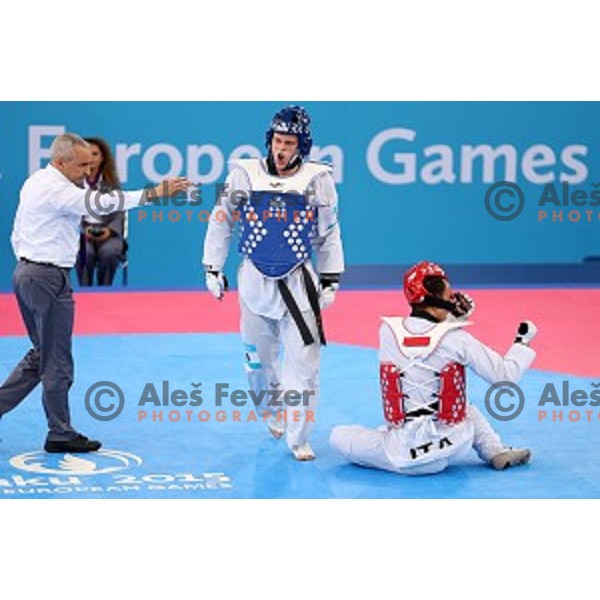 Ivan Trajkovic of Slovenia fights in quarter-final of Taekwondo Men +80 kg in Crystal Hall during Baku 2015 First European Games, Azerbaijan on June 19, 2015