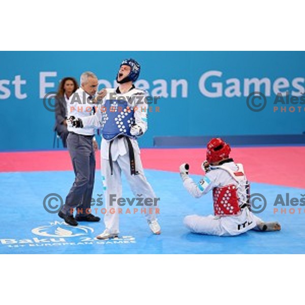 Ivan Trajkovic of Slovenia fights in quarter-final of Taekwondo Men +80 kg in Crystal Hall during Baku 2015 First European Games, Azerbaijan on June 19, 2015
