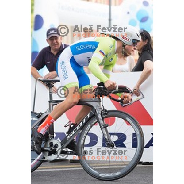 Matic Veber of Slovenia National Team in action during 1st Stage of 22. Tour of Slovenia, 8,8 km time trial in center of Ljubljana, Slovenia, on June 18th, 2015