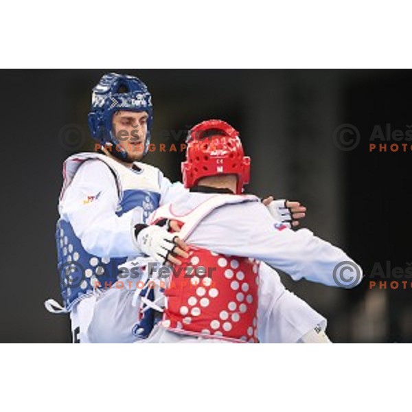 Radik Isaev (AZE) fights with Ivan Trajkovic (SLO) in semi-final of Taekwondo Men +80 kg in Crystal Hall during Baku 2015 First European Games, Azerbaijan on June 19, 2015
