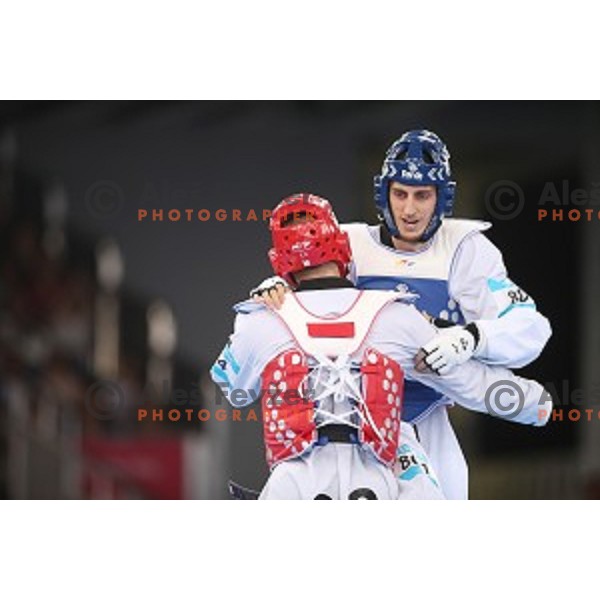Radik Isaev (AZE) fights with Ivan Trajkovic (SLO) in semi-final of Taekwondo Men +80 kg in Crystal Hall during Baku 2015 First European Games, Azerbaijan on June 19, 2015