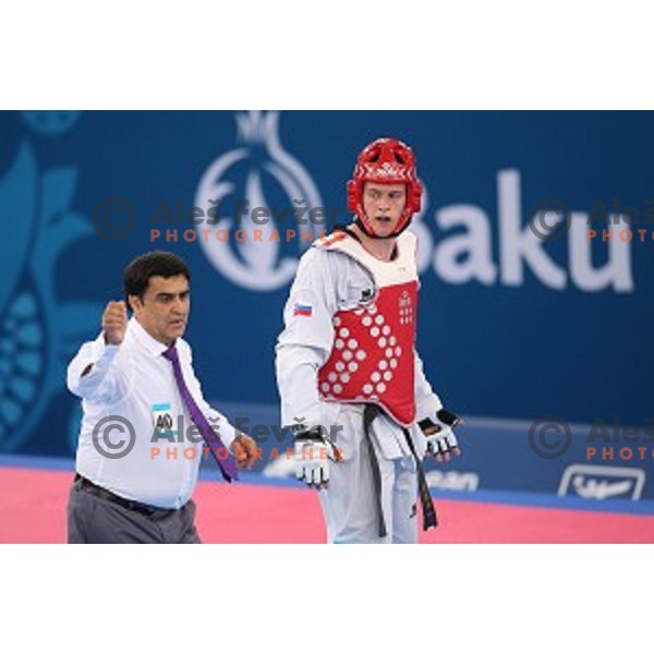 Ivan Trajkovic of Slovenia fights in semi-final of Taekwondo Men +80 kg in Crystal Hall during Baku 2015 First European Games, Azerbaijan on June 19, 2015