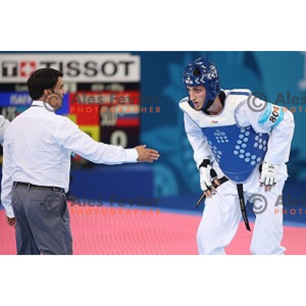 Radik Isaev (AZE) fights in semi-final of Taekwondo Men +80 kg in Crystal Hall during Baku 2015 First European Games, Azerbaijan on June 19, 2015
