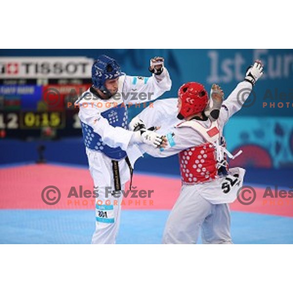 Radik Isaev (AZE) fights with Ivan Trajkovic (SLO) in semi-final of Taekwondo Men +80 kg in Crystal Hall during Baku 2015 First European Games, Azerbaijan on June 19, 2015