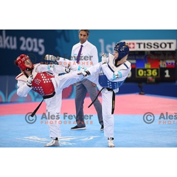 Nusa Rajher of Slovenia fights in repechage of Taekwondo Women +67 kg in Crystal Hall during Baku 2015 First European Games, Azerbaijan on June 19, 2015