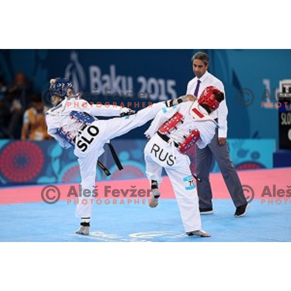 Nusa Rajher of Slovenia fights in repechage of Taekwondo Women +67 kg in Crystal Hall during Baku 2015 First European Games, Azerbaijan on June 19, 2015