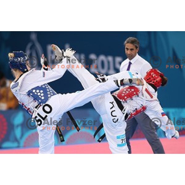 Nusa Rajher of Slovenia fights in repechage of Taekwondo Women +67 kg in Crystal Hall during Baku 2015 First European Games, Azerbaijan on June 19, 2015