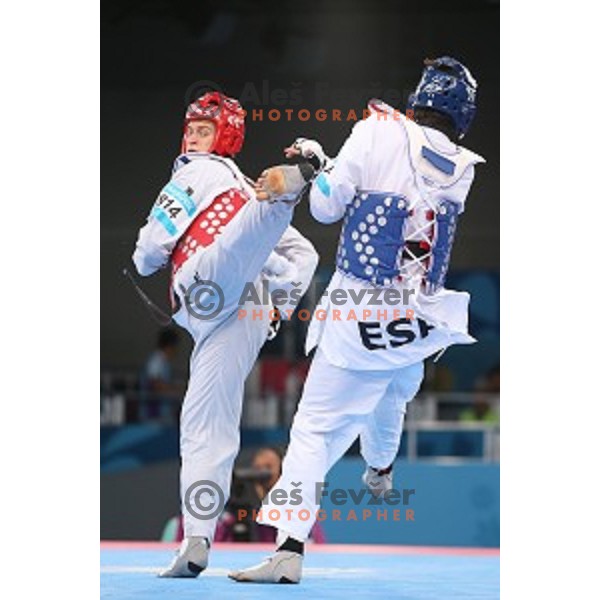 Ivan Trajkovic of Slovenia fights in bronze medal match of Taekwondo Men +80 kg in Crystal Hall during Baku 2015 First European Games, Azerbaijan on June 19, 2015