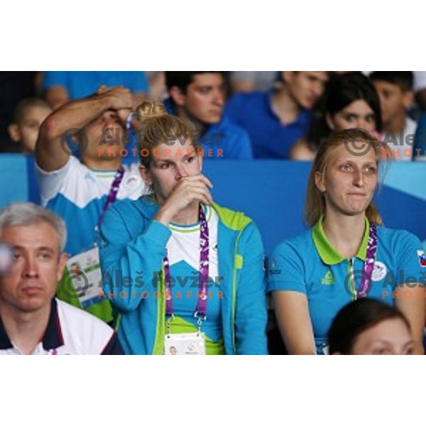Nusa Rajher of Slovenia cheering during bronze medal match of Taekwondo Men +80 kg in Crystal Hall during Baku 2015 First European Games, Azerbaijan on June 19, 2015