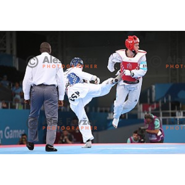 Ivan Trajkovic of Slovenia fights in bronze medal match of Taekwondo Men +80 kg in Crystal Hall during Baku 2015 First European Games, Azerbaijan on June 19, 2015