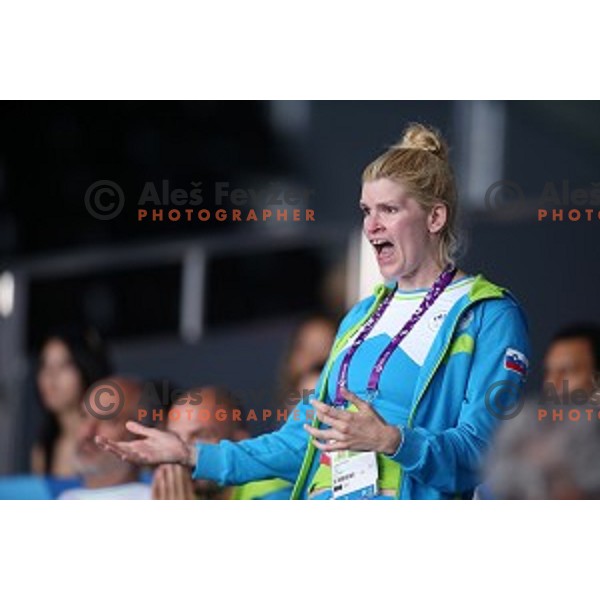 Nusa Rajher of Slovenia cheering during bronze medal match of Taekwondo Men +80 kg in Crystal Hall during Baku 2015 First European Games, Azerbaijan on June 19, 2015