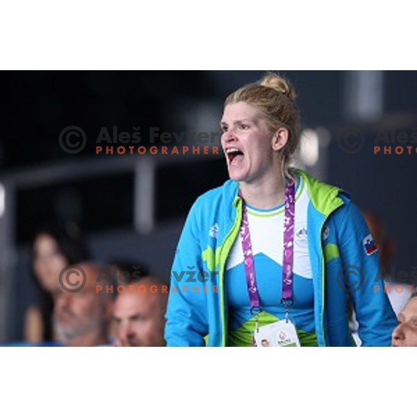 Nusa Rajher of Slovenia cheering during bronze medal match of Taekwondo Men +80 kg in Crystal Hall during Baku 2015 First European Games, Azerbaijan on June 19, 2015