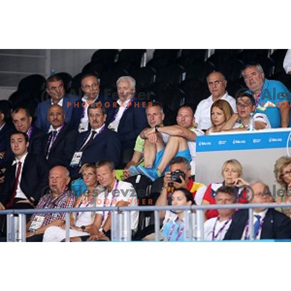 Nusa Rajher of Slovenia cheering during bronze medal match of Taekwondo Men +80 kg in Crystal Hall during Baku 2015 First European Games, Azerbaijan on June 19, 2015