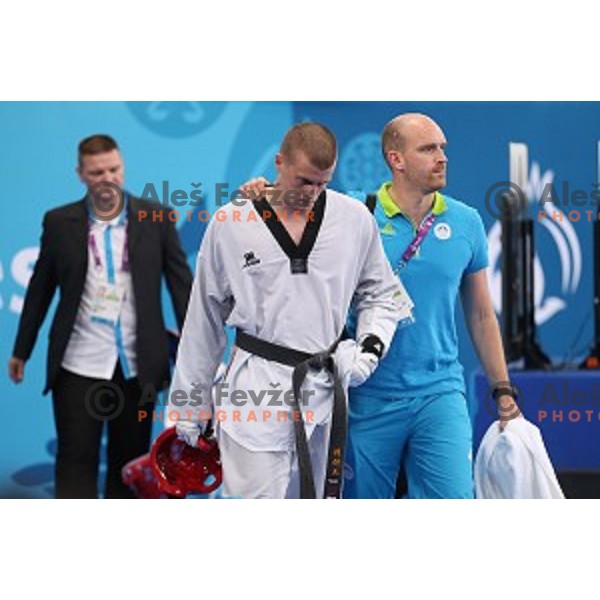 Ivan Trajkovic of Slovenia fights in bronze medal match of Taekwondo Men +80 kg in Crystal Hall during Baku 2015 First European Games, Azerbaijan on June 19, 2015