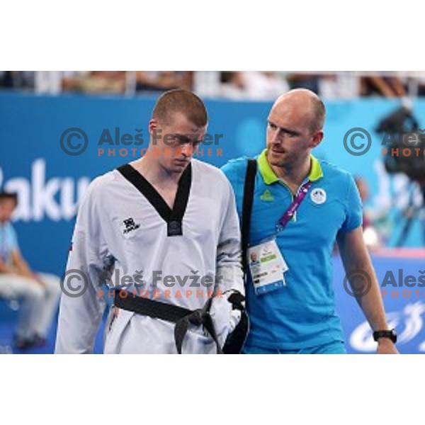 Ivan Trajkovic of Slovenia fights in bronze medal match of Taekwondo Men +80 kg in Crystal Hall during Baku 2015 First European Games, Azerbaijan on June 19, 2015