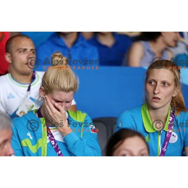 Nusa Rajher of Slovenia cheering during bronze medal match of Taekwondo Men +80 kg in Crystal Hall during Baku 2015 First European Games, Azerbaijan on June 19, 2015