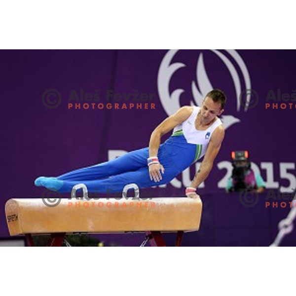 Saso Bertoncelj of Slovenia, winner of gold medal in Artistic Gymnastics at pommel horse at First European Games Baku 2015 in National Gymnastics Arena in Baku, Azerbaijan on June 20, 2015