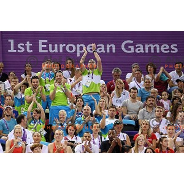 Slovenia team members cheering for Saso Bertoncelj, winner of gold medal in Artistic Gymnastics at pommel horse at First European Games Baku 2015 in National Gymnastics Arena in Baku, Azerbaijan on June 20, 2015