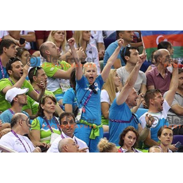 Slovenia team members cheering for Saso Bertoncelj, winner of gold medal in Artistic Gymnastics at pommel horse at First European Games Baku 2015 in National Gymnastics Arena in Baku, Azerbaijan on June 20, 2015