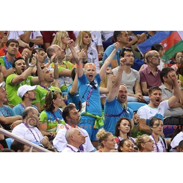 Slovenia team members cheering for Saso Bertoncelj, winner of gold medal in Artistic Gymnastics at pommel horse at First European Games Baku 2015 in National Gymnastics Arena in Baku, Azerbaijan on June 20, 2015