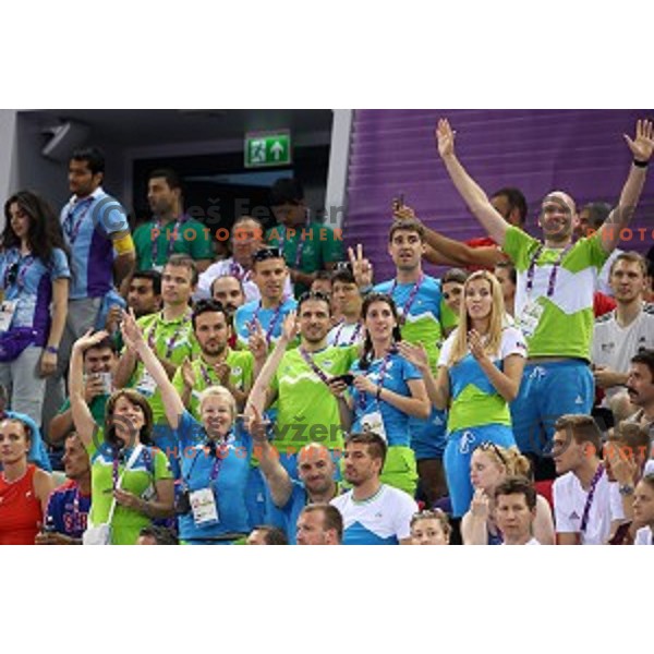 Slovenia team members cheering for Saso Bertoncelj, winner of gold medal in Artistic Gymnastics at pommel horse at First European Games Baku 2015 in National Gymnastics Arena in Baku, Azerbaijan on June 20, 2015