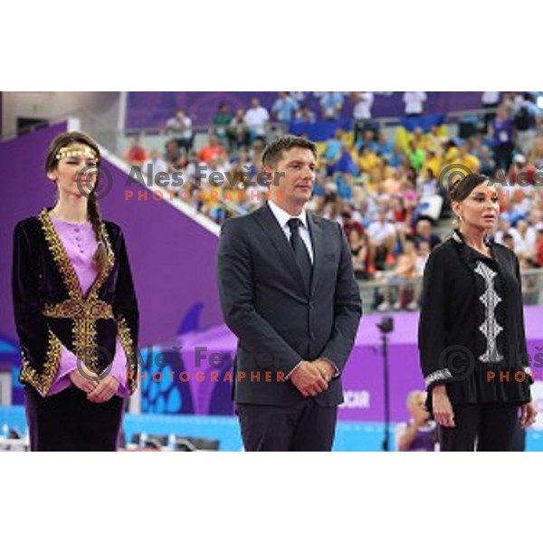 Edi Kolar of Slovenia Olympic Committee and Mehriban Aliyeva, CEO of the Games during Artistic Gymnastics at First European Games Baku 2015 in National Gymnastics Arena in Baku, Azerbaijan on June 20, 2015