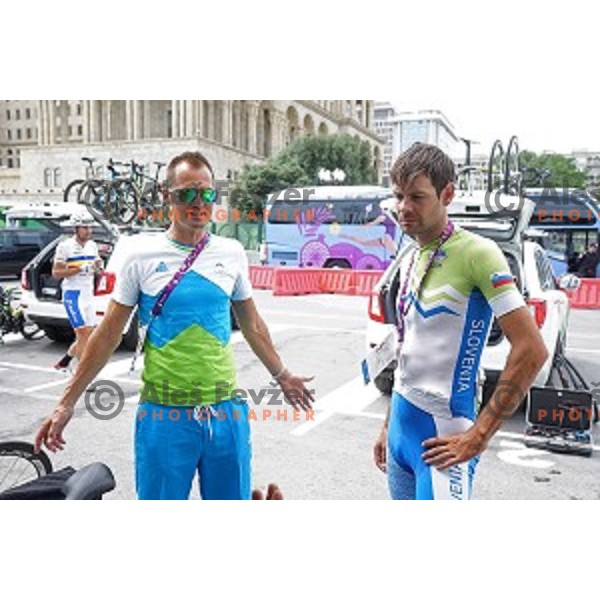 Team manager Gorazd Stangelj of Slovenia and Gregor Gazvoda during Men\'s road race 215 km at First European Games Baku 2015, Azerbaijan on June 21, 2015