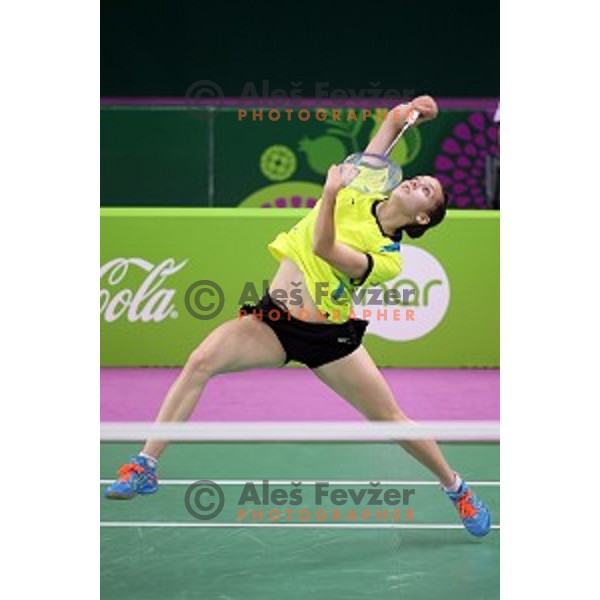 Kaja Stankovic of Slovenia plays in group stage of Badminton Tournament at First European Games Baku 2015 in Baku Sports Hall, Azerbaijan on June 22, 2015
